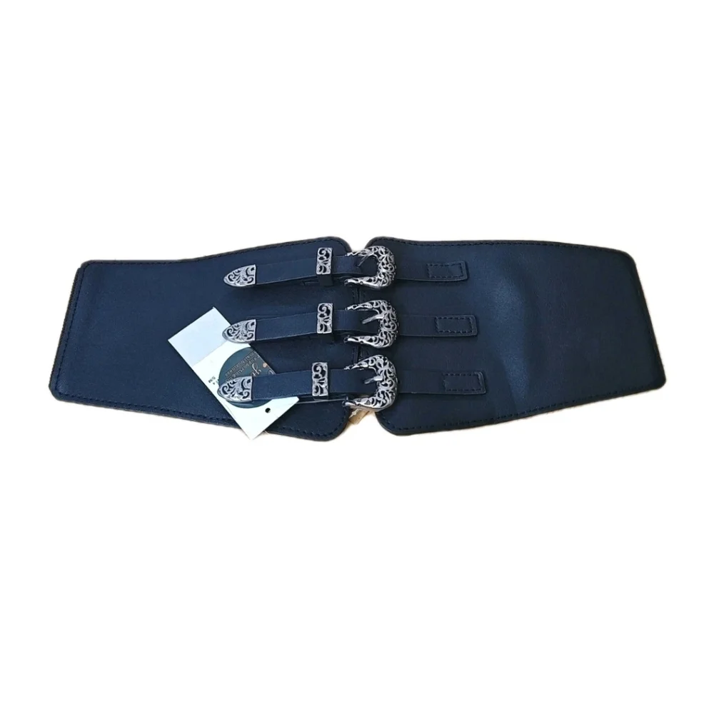 BP Western Triple Buckled Waist Cincher Hip Belt Black Sm/Med Snap Stretchy Nwt